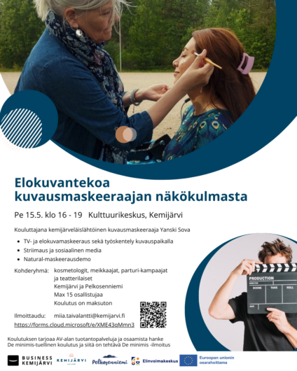 Tapahtuman juliste, jossa kuvausmaskeeraaja työssään ja lisäksi tapahtuman infoa.