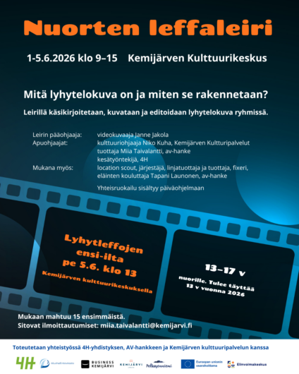 Nuorten leffakerhon tapahtumamainos sisältäen tietoja tapahtumasta.