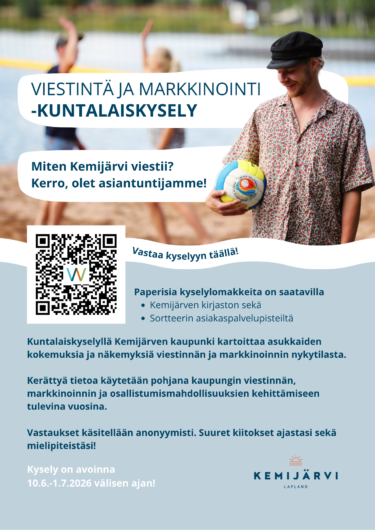 Kuntalaiskyselyn juliste, jossa tekstiä sekä kuva rannalta