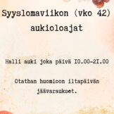 Wirta-areenan syyslomaviikon 2026 aukioloajat juliste / tiedote