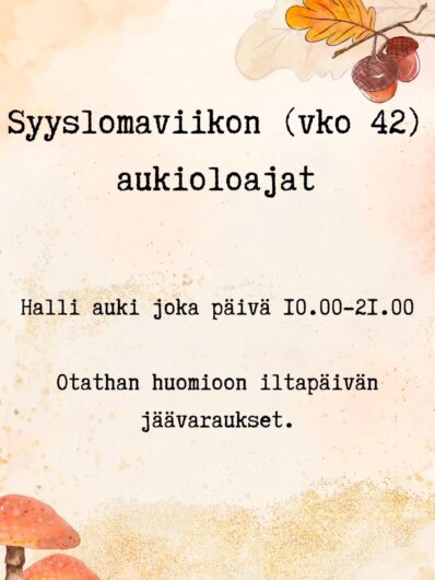 Wirta-areenan syyslomaviikon 2026 aukioloajat juliste / tiedote