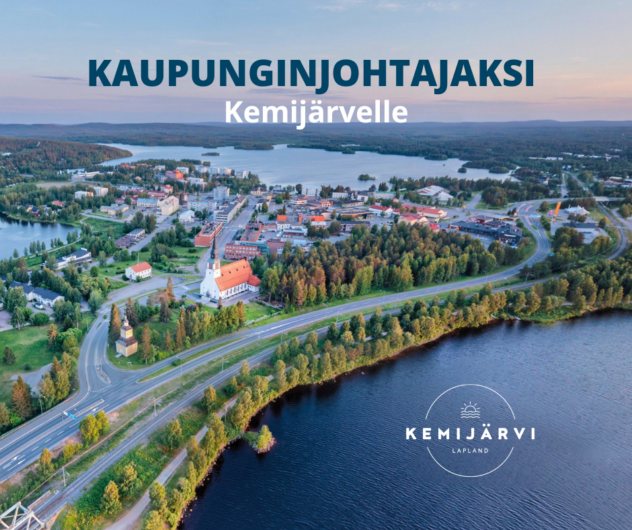 Kaupunginjohtajaksi Kemijärvelle. Ilmakuva Kemijärvestä hakutekstillä lisättynä.
